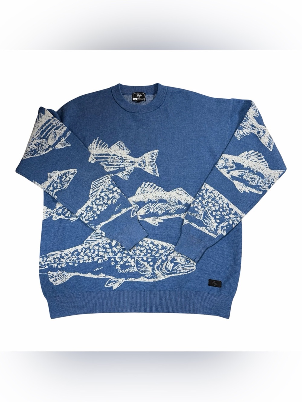 Waggle Freshwater Wildknit Blue Fish Crewneck Sweater Sz XL NWT